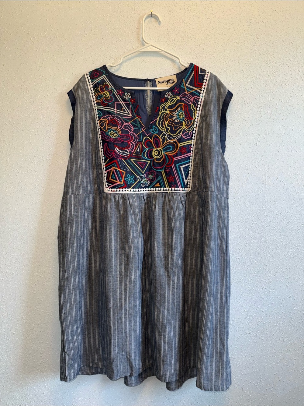 NWT Savanna Jane Navy Embroidered Dress with Multi-Color Floral Stitching
